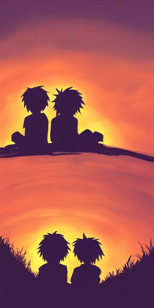 Prompt: a silhoutte of 2 boys sitting on a hill seeing a sunset by hayao miyazaki, orange skies, cloudy, detailed, illustration, anime, digital art, dreamy, vivid, colorful, ambient