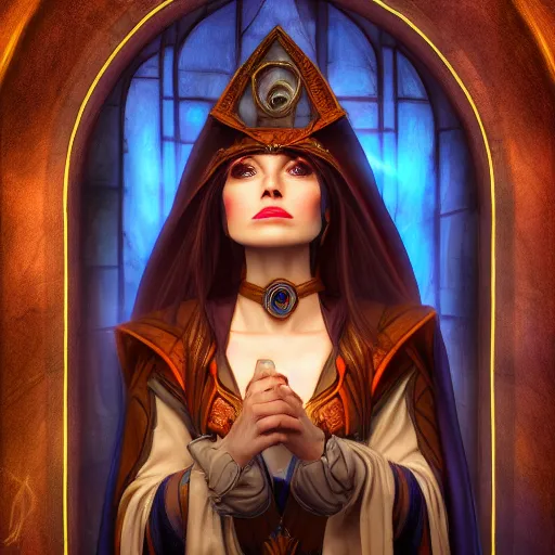 Image similar to beautiful female mage is impressed while looking at the camera , comedy , fantasy, D&D, HDR, natural lighting , award winning photograph, 8k, Mucha style,