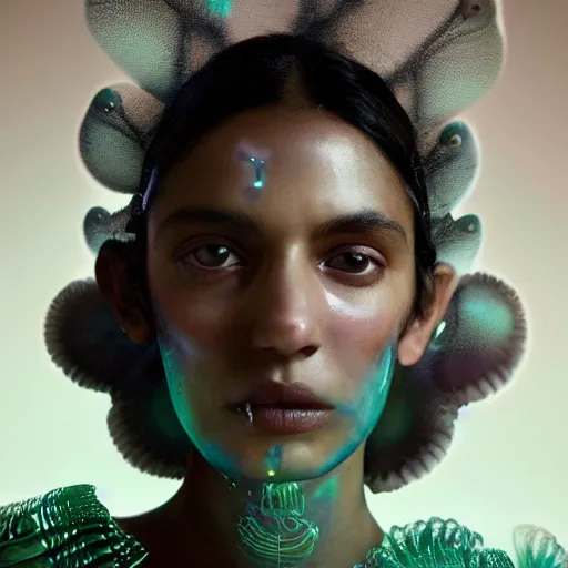 Image similar to a close - up shot of a brown woman wearing a luminous armor made of neon jelly fishes. extremely soft lighting. fragile. jellyfish arms. haunting eyes!! coherent face!! no makeup!! muted colors. by ray caesar. by louise dahl - wolfe. by andrea kowch. surreal photography