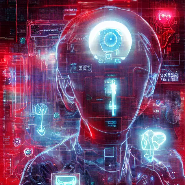 Image similar to a malevolent digital intelligence, portrait of a digital consciousness, glowing digital runes, motherboard circuitry, red eyes, hi tech, futurism, rhads!!!, james gurney, ( art fitzpatrick ), ( asaf hanuka ), ( ( barclay shaw ) ), ominous, saturday morning cartoon, clean linework, western animation