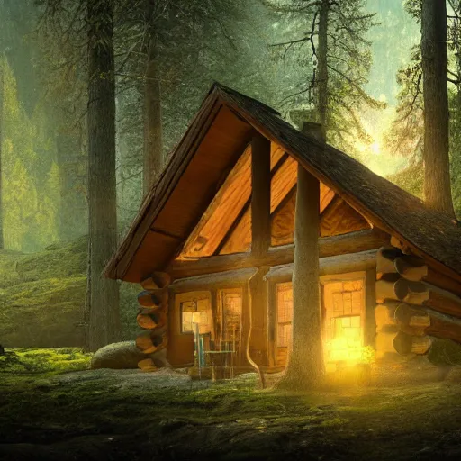 Image similar to log cabin in the woods, diffused lighting, highly detailed cinematic, epic composition, highly detailed, atmospheric, wide angle, artstation trending, warm green colors