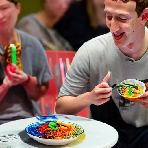 Image similar to mark zuckerberg eating gummy worm ramen