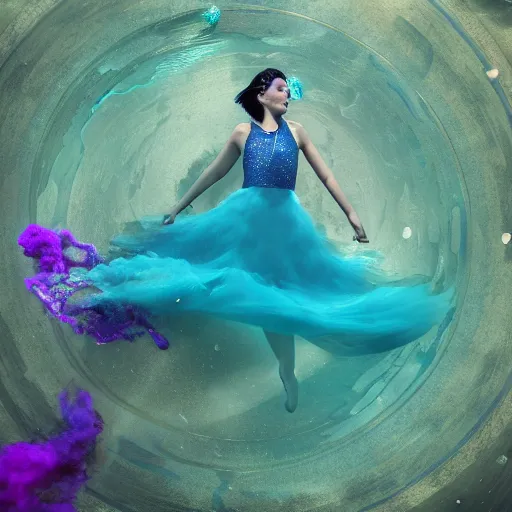 Image similar to woman dancing underwater wearing a flowing dress made of blue, magenta, and yellow seaweed, delicate coral sea bottom, swirling silver fish, swirling smoke shapes, octane render, caustics lighting from above, cinematic, hyperdetailed