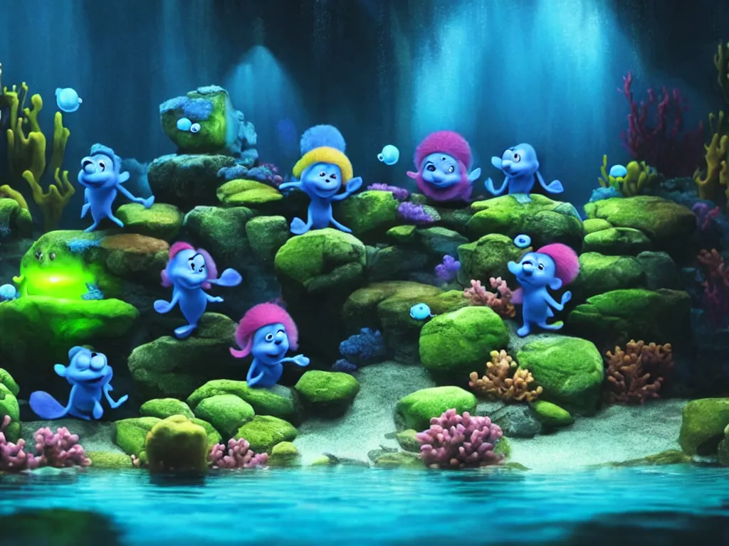 Image similar to underwater smurfs swimming with bioluminescent fishes, photorealistic painting, cgi, low volumetric light, movie still, very cute and cozy and fluffy and sweet