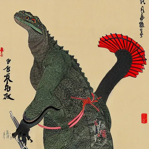 Image similar to a painting of a komodo dragon wearing samurai garb and a ronin straw hat in an ukiyo e style