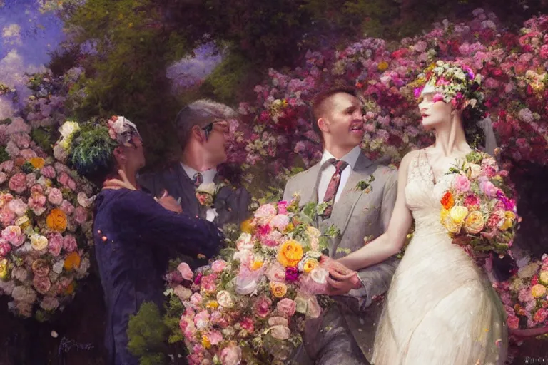 Prompt: the groom look at the bride at a wedding full of flowers, bright and happy, dreamlike art, highly detail, 4 k realistic, wedding photoy krenz cushart, artem demura, yoji shinkawa artgerm, jon lothian, danilo torres. adi meyers. thomas reimann. gaston bussiere.