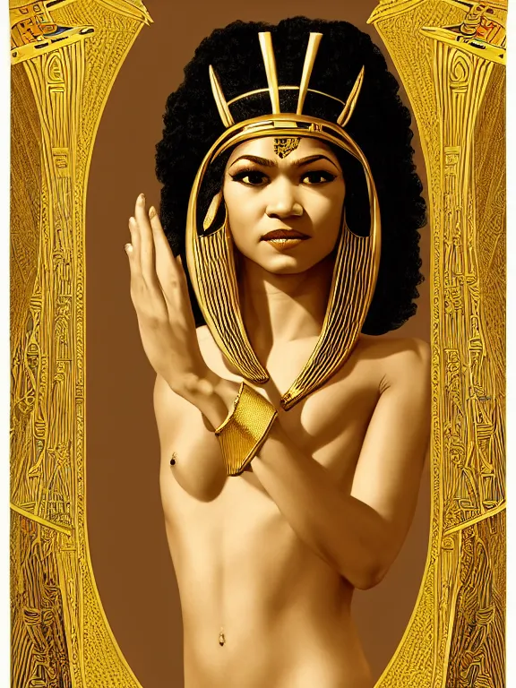 Prompt: zendaya as the Egyptian goddess isis the lady of the fertile Nile, a beautiful art nouveau portrait by Gil elvgren, Nile river environment pyramids water garden , centered composition, defined features, golden ratio, gold jewelry