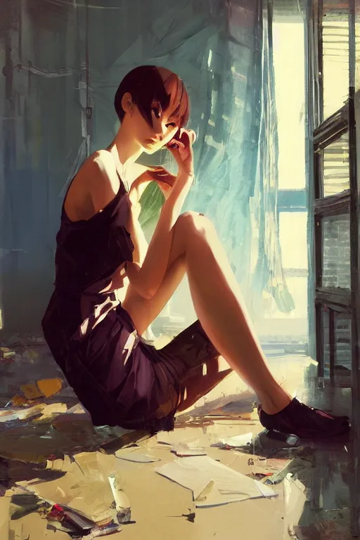 Image similar to A ultradetailed beautiful portrait panting of a stylish woman sitting on the ground of a messy apartment, Oil painting, by Ilya Kuvshinov, Greg Rutkowski and Makoto Shinkai