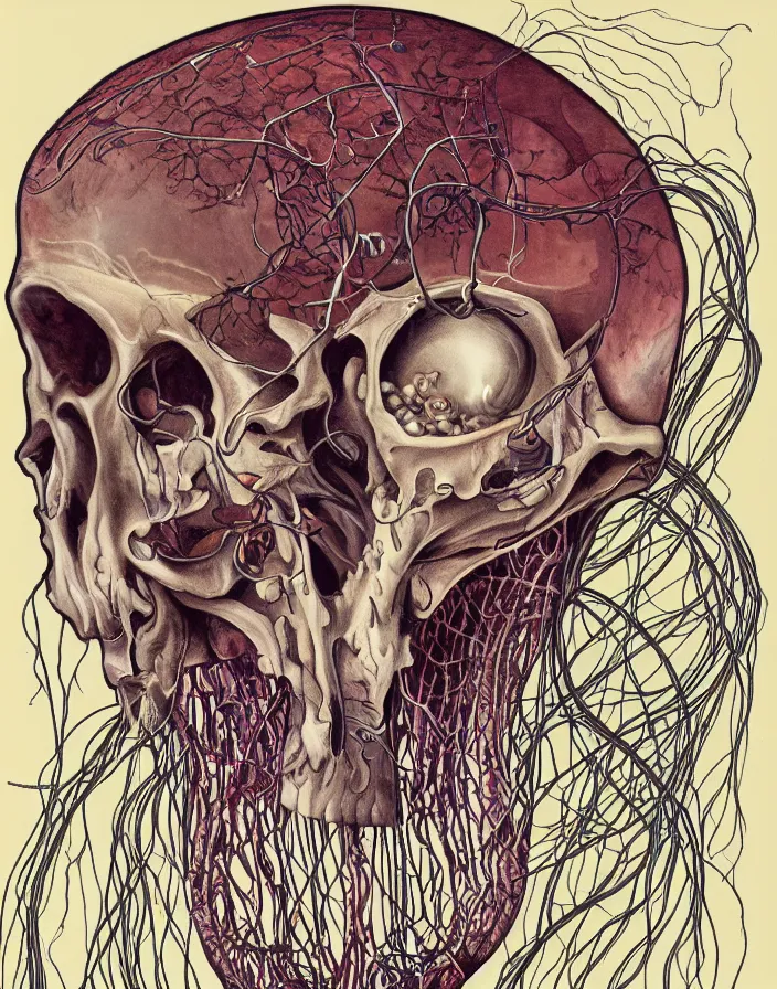 Prompt: an anatomical illustration of a jellyfish skull from a medical journal by Nychos and Alex Grey, highly detailed, high detail, 8k