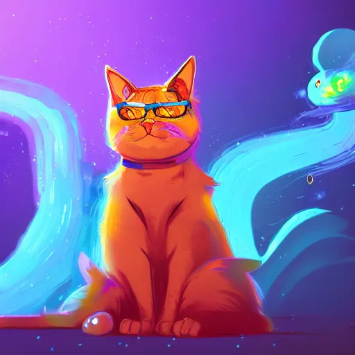 Prompt: Alchemist cat, colorful sparkling chemicals, illustration, trending on artstation, dramatic lighting, concept art, high quality, detailed,
