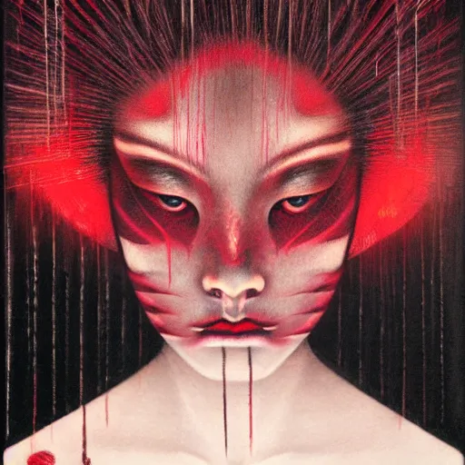 Image similar to portrait of a geisha monster with red glowing eyes, dark, moody, foggy, by Chie Yoshii and Sean Yoro