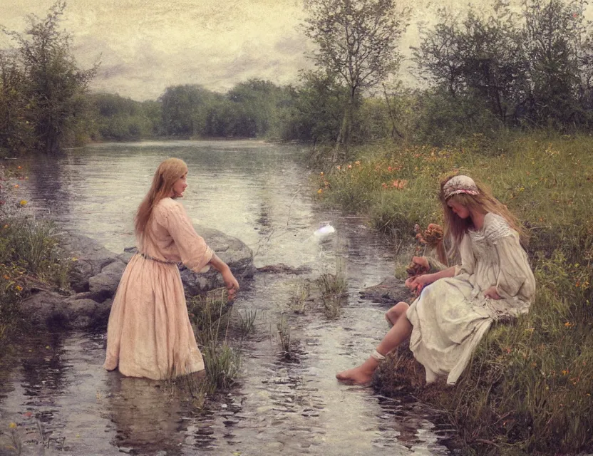 Image similar to peasant girls on a shore of river ivana kupala, midsommar, cottage core, cinematic focus, polaroid photo bleached vintage pastel colors high - key lighting, soft lights, foggy, by steve hanks, by lisa yuskavage, by serov valentin, by tarkovsky, 8 k render, detailed, oil on canvas