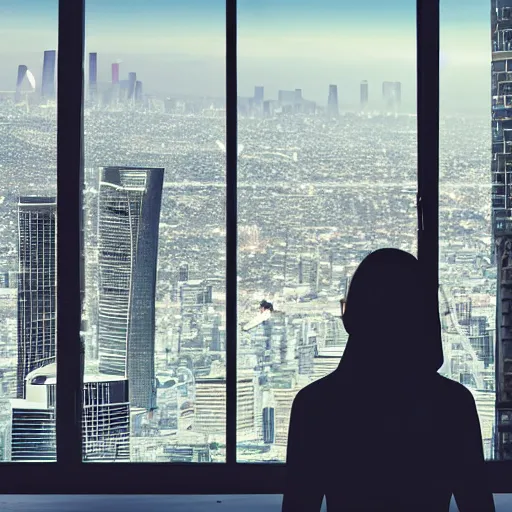 Prompt: a woman looking out her panoramic window at a futuristic cyberpunk los angeles. flying cars and vehicles