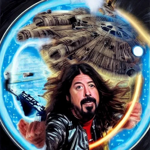 Image similar to wookie dave grohl, flying millenium falcon, hans solo playing drums in background, hyperrealism