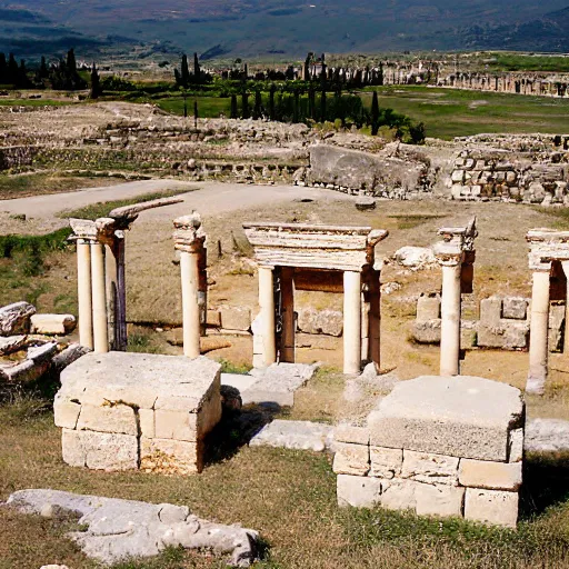 Prompt: a single, slightly off-centre Roman tomb slightly submerged in the hill’s travertine at the necropolis of Hierapolis above Pamukkale in Turkey, the edge of the fertile Lycus Valley seen in the background, two small oleander bushes flowering on the foreground at the right and left of the tomb, early evening light, 35mm colour photograph, f/11, ISO 100