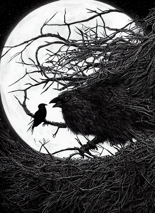 Image similar to crow on tree in front of the full big moon, dramatic lighting, cinematic, establishing shot, extremely high detail, foto realistic, cinematic lighting, pen and ink, intricate line drawings, by Yoshitaka Amano, Ruan Jia, Kentaro Miura, Artgerm, post processed, concept art, artstation,