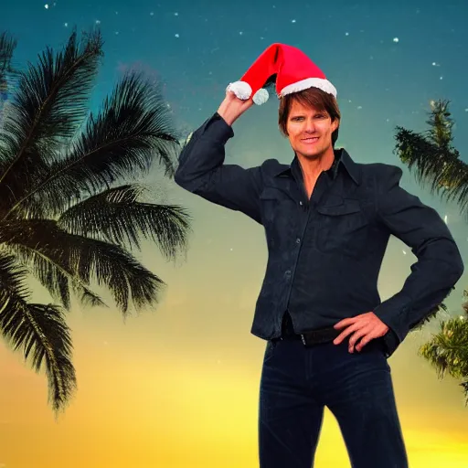 Prompt: tom cruise in costume with a christmas hat. tropical forest and a plane crashing on trees in the background. sunset lighting.