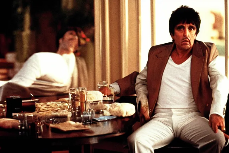 Prompt: tony montana from movie scarface 1 9 8 3 sitting at a ( big black oak table ) with ( big packages of flour ). next to the night window. ( al pacino ). perfect symmetric face, coherent eyes,, fine details, 4 k, ron cobb, cinestill