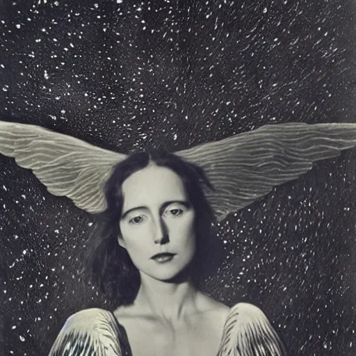 Image similar to by edward weston cosy, ominous. a digital art of a woman with wings made of stars, surrounded by a blue & white night sky. the woman is holding a staff in one hand, & a star in the other. she is wearing a billowing dress, & her hair is blowing in the wind.