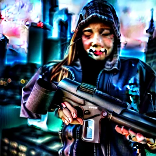 Image similar to photographic portrait of a techwear woman holding a shotgun, closeup, on the rooftop of a futuristic city at night, sigma 85mm f/1.4, 4k, depth of field, high resolution, full color, Die Hard, movies with guns, movie firearms