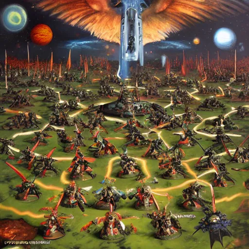 Image similar to , warhammer 4 0 k space @ marines in a heated battle, in the style of the garden of earthly delights painting by jerome bosch