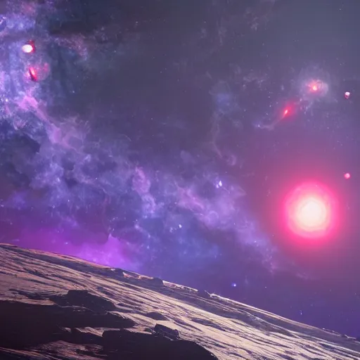 Prompt: The grand ending of an ominous era outside an exoplanet in space with a clear view of a spiral galaxy in splashes of red, purple and dark blue in unreal engine