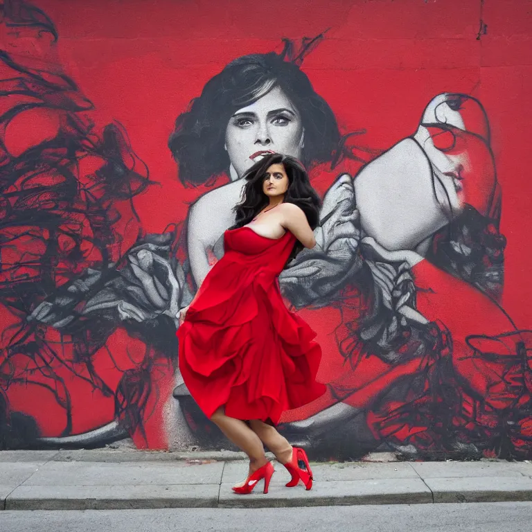 Image similar to Street-art mid-short portrait of Salma Hayek wearing red dress in style of Etam Cru, photorealism, Sony a7R