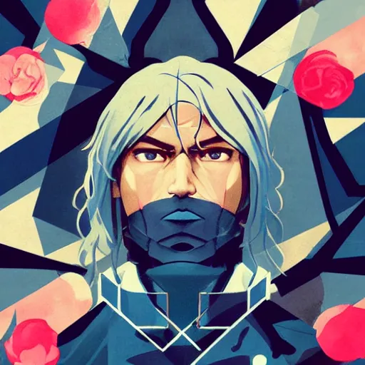 Prompt: Raiden from MGS4 profile picture by Sachin Teng, asymmetrical, Organic Painting , Violent, Dark, Rose Petal Background, Powerful, geometric shapes, hard edges, energetic, graffiti, street art:2 by Sachin Teng:4