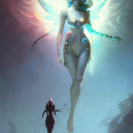 Prompt: beautiful cybernetic angel by pete mohrbacher and greg rutkowski, digital art, unreal engine 5, wlop, trending on artstation, deviantart, 4K UHD image