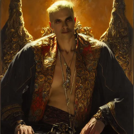 Prompt: perfectly centered portrait of attractive vampire king in a robe sitting on a throne of bones, highly detailed painting by gaston bussiere, craig mullins, j. c. leyendecker, 8 k