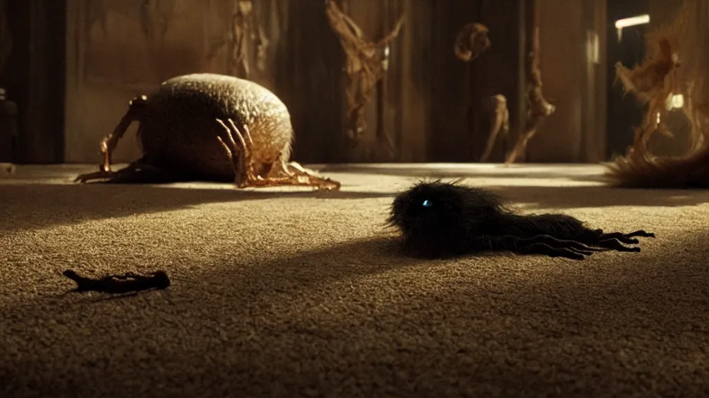 Prompt: the strange creature under the floor, we hear it at night, film still from the movie directed by denis villeneuve and david cronenberg with art direction by salvador dali