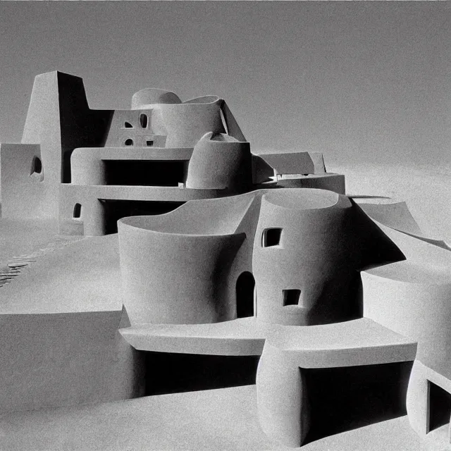 Prompt: a bizarre house in the desert designed by m. c. escher