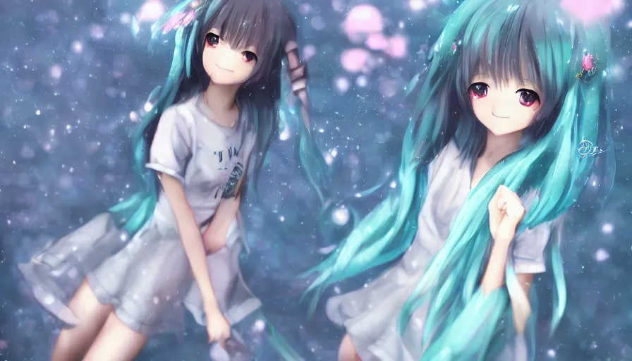 Prompt: cute anime girl by wlop, detailed eyes, heterochromia, bright eyes, full body shot, happy expression, short minidress, light clothing, light rain, hyper real, detailed digital art, hatsune miku, photorealistic