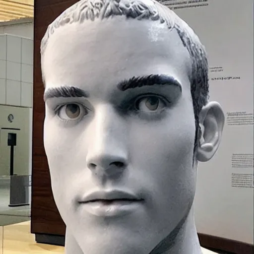 Image similar to “a realistic detailed photo of a guy who is an attractive humanoid who is half robot and half humanoid, who is a male android, actor Liam Hemsworth, shiny skin, posing like a statue, blank stare, at the museum, on display”