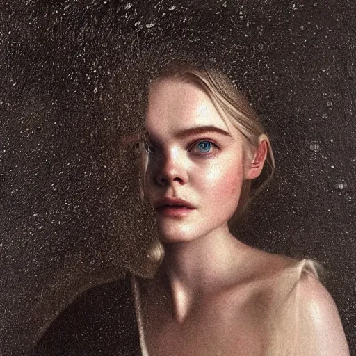 Image similar to Elle Fanning in a black robe holding fire on the beach, head and shoulders portrait, stormy weather, extremely detailed masterpiece, Roger Deakin’s cinematography, oil on canvas, Johannes Vormeer,