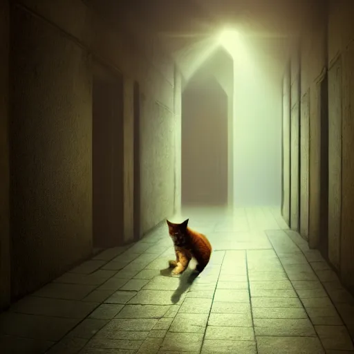 Image similar to a cat that is walking down a hallway, egyptian art by hanns katz, pixabay contest winner, magical realism, anamorphic lens flare, storybook illustration, matte painting