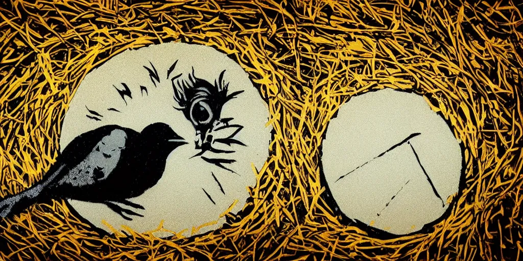 Prompt: banksy styled graffiti of a bird asleep in the golden nest dreaming of worms, concept art, smooth, sharp focus, illustration, banksy styled graffiti