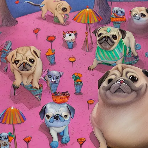 Prompt: adorable pugs we're going to dance and have some fun in a pink forest, detailed illustration painted by james jean and fernando botero