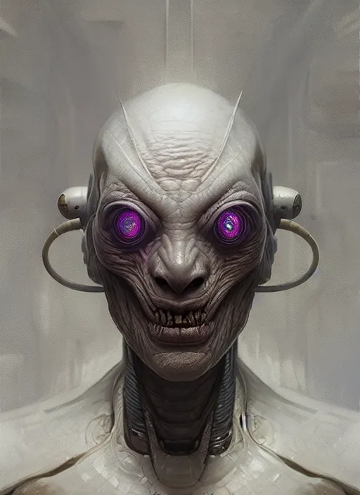 Image similar to portrait of a space alien, varying detailed skin, octane render, piercing glowing eyes, realistic render, detailed, ugly, slimy unreal engine, symmetrical!!, greg rutkowski and ruan jia, cinematic