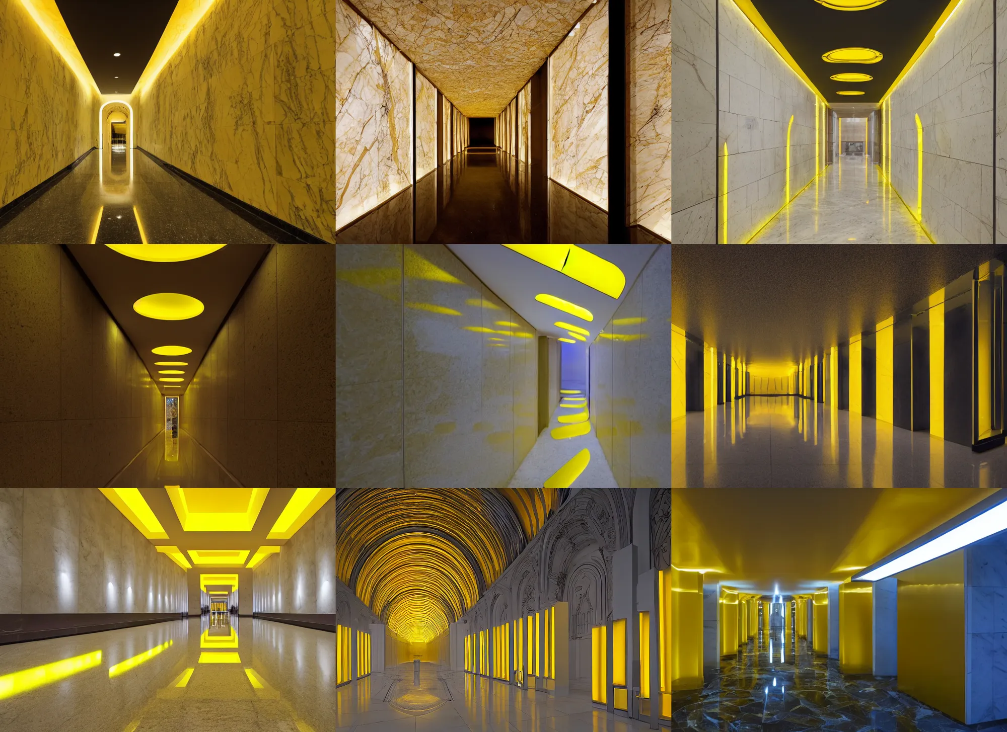 Prompt: yellow marble corridor mausoleum lit with yellow fluorescent lights, interior, architecture, IMAX