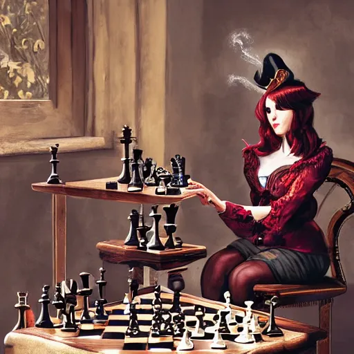 Prompt: woman playing chess, steampunk