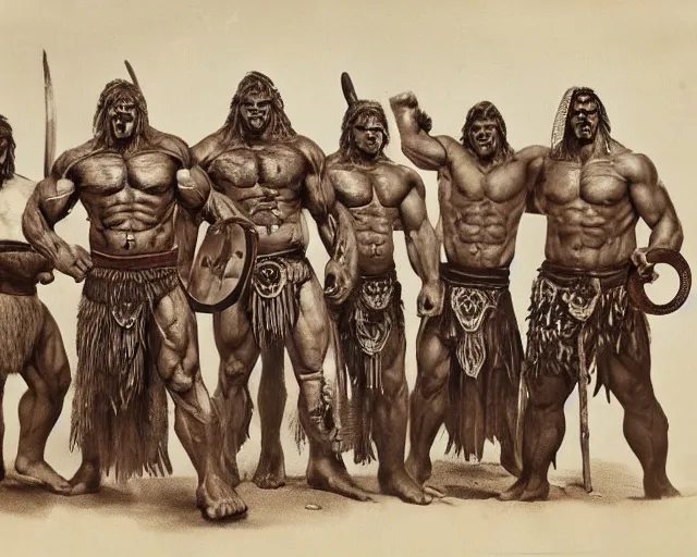 Image similar to hyper realistic group vintage photograph of a warrior orc tribe, tall, muscular, hulk like physique, tribal paint, tribal armor, grain, old