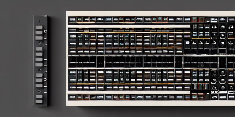 Prompt: dezeen showroom , lot2046, archdaily, houdini , teenage engineering moad, mother of all decks, product design concept, top down view of plugs & knobs of moog melotron synthesizer 3d model made by jony ives, dieter rams, 8k, high detailed photo