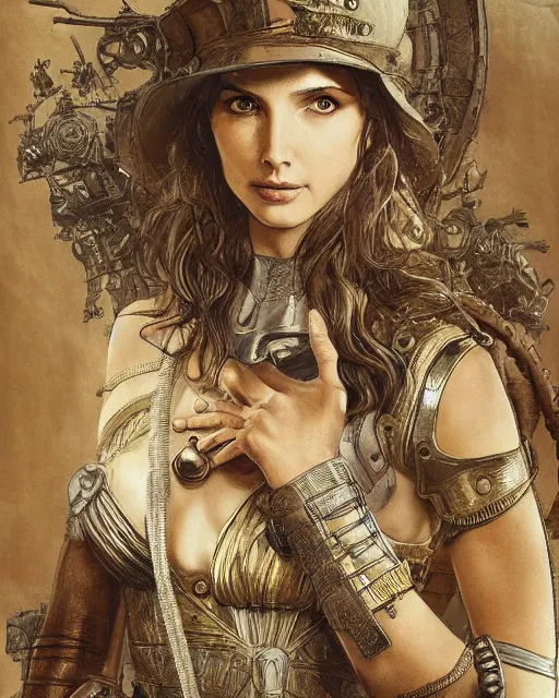 Image similar to highly detailed steampunk gal gadot standing, steel age : leonardo da vinci, greg rutkowski, magali villeneuve