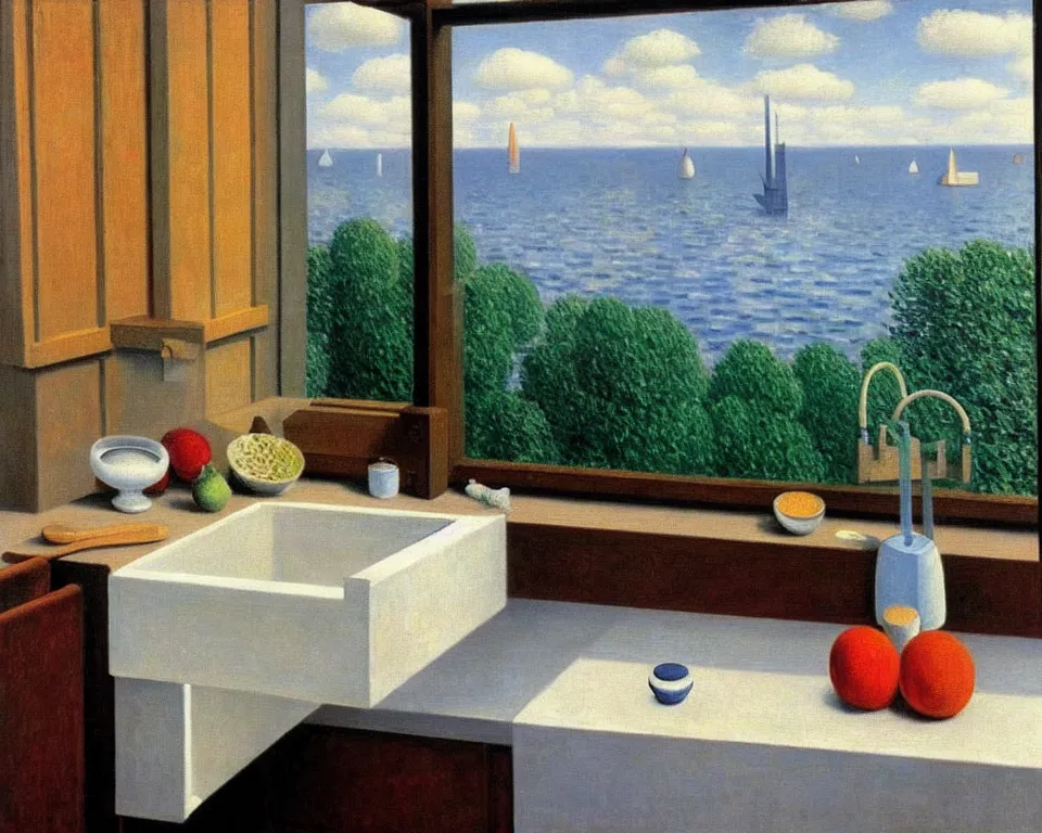 Image similar to achingly beautiful painting of a sophisticated, well - decorated, modern kitchen sink by rene magritte, monet, and turner.