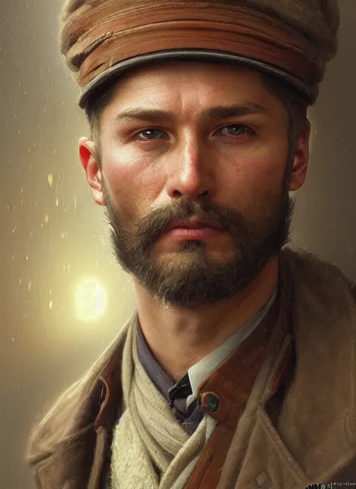 Image similar to a russian railroad electrician!!!, male!!, siberia!!, portrait, intricate, elegant, highly detailed, digital painting, artstation, concept art, wallpaper, smooth, sharp focus, illustration, art by artgerm and greg rutkowski and alphonse mucha