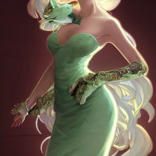 Image similar to ultra realistic illustration, dream girl with white hair, with light green eyes, with cat ears, in a sundress, intricate, elegant, highly detailed, digital painting, artstation, concept art, smooth, sharp focus, illustration, art by artgerm and greg rutkowski and alphonse mucha