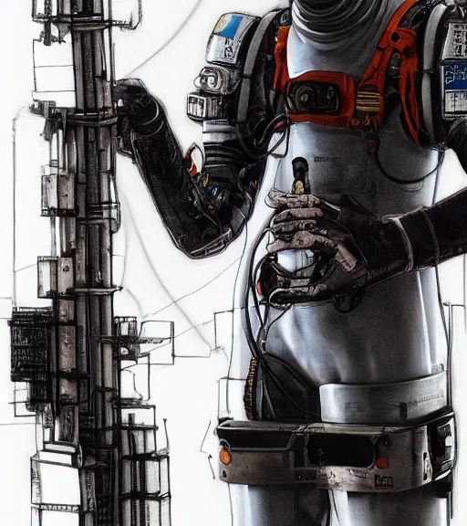 Image similar to realistic cyberpunk japanese engineer with long limbs and a black spacesuit welding a wall, techwear, dead space, visible face, Industrial Scifi, detailed illustration, character portrait, by Martin Grip and Moebius