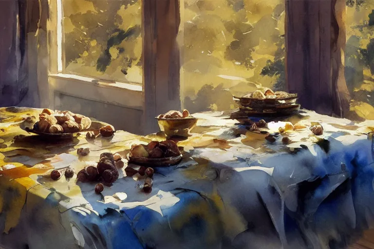 Prompt: paint brush strokes, abstract watercolor painting of closeup hazelnuts on table cloth, leaves, art by hans dahl, by jesper ejsing, art by anders zorn, wonderful masterpiece by greg rutkowski, cinematic light, american romanticism by greg manchess, creation by tyler edlin