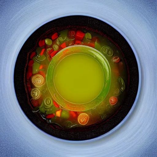 Prompt: a bowl of soup that is also a portal to another dimension, digital art